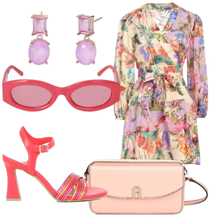 Outfit donna - Finalmente estate. Stile Romantica per Tutti i giorni. Abbinamento con vestiti corti, borse a tracolla, orecchini, sandali col tacco, occhiali da sole.