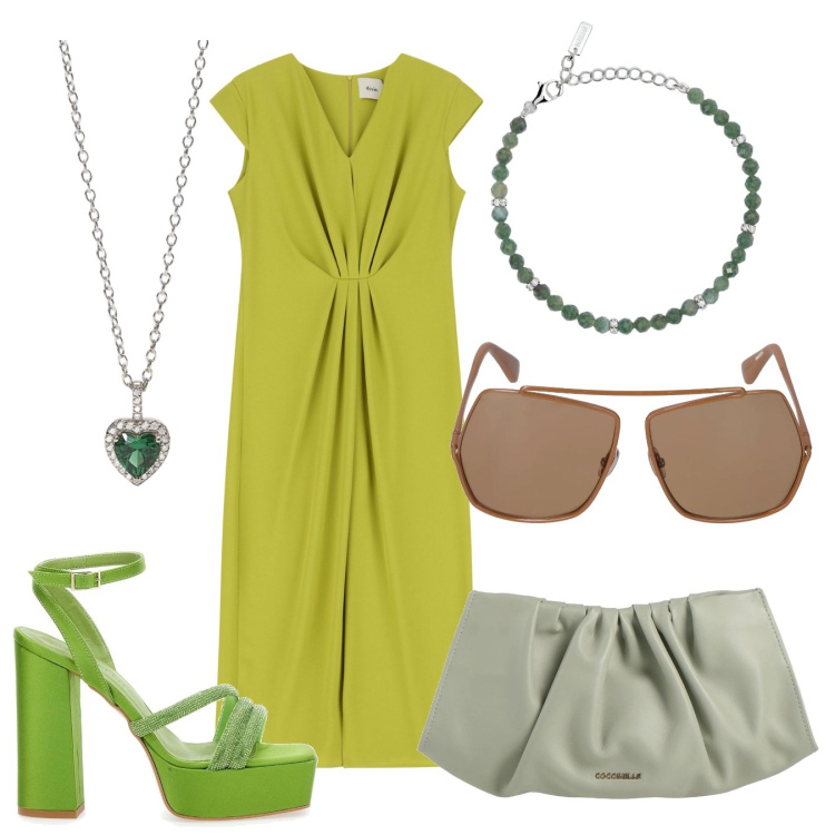 Outfit donna - Tacco impegnativo. Stile Bon Ton per Serata fuori. Abbinamento con borse a mano, vestiti midi/longuette, braccialetti, ciondoli, sandali col tacco, occhiali da sole.