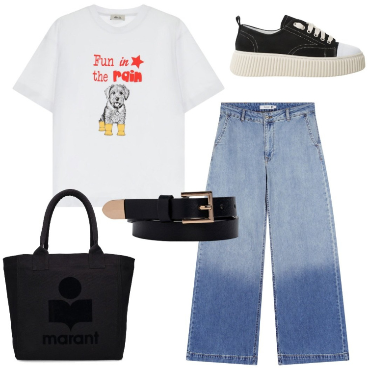 Outfit donna - Urban basic. Stile Basic per Tutti i giorni. Abbinamento con jeans, sneakers, t-shirt, shopping bag, cinture.