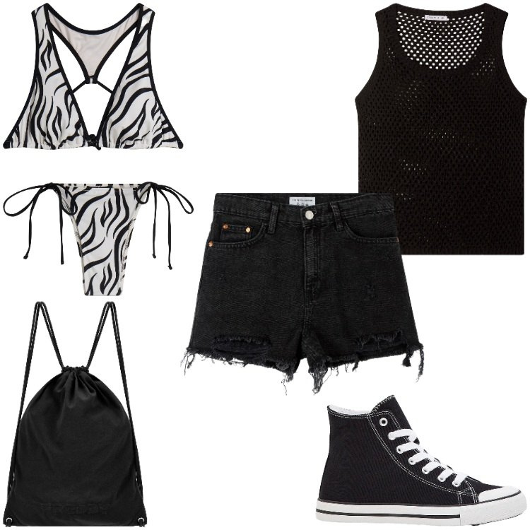 Outfit donna - Rock al mare. Stile Rock per Mare. Abbinamento con sneakers alte, top, shorts, bikini, zaini, bikini.