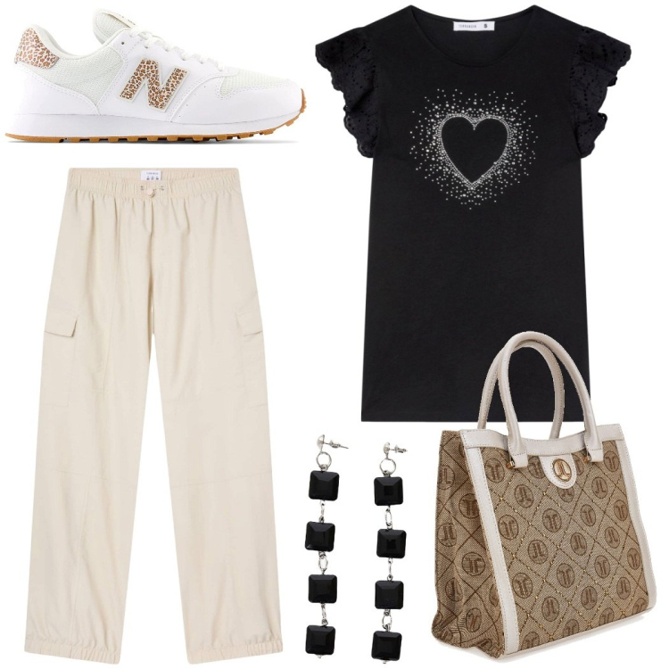 Outfit donna - Urban style. Stile Casual per Tutti i giorni. Abbinamento con pantaloni cargo, t-shirt, orecchini, sneakers, borse a spalla.