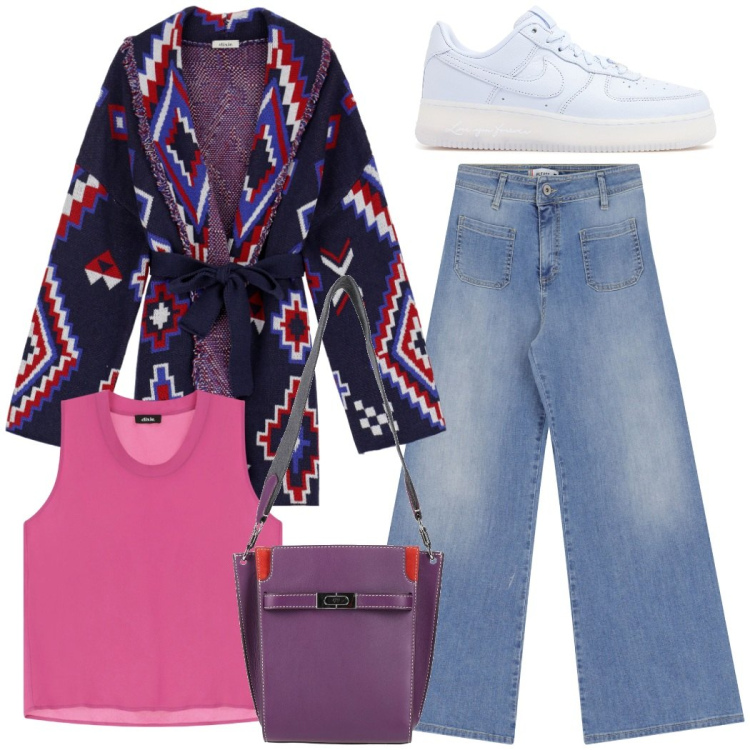 Outfit donna - Un tocco etnico. Stile Etnico per Tutti i giorni. Abbinamento con borse a spalla, jeans, top, cardigans, sneakers.