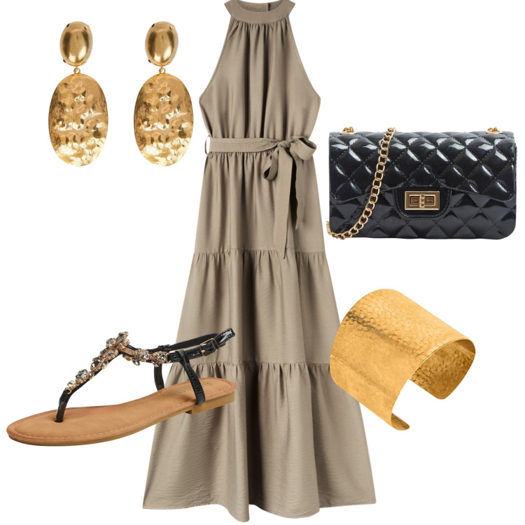 Outfit donna - Passeggiata in centro. Stile Casual chic per Tutti i giorni. Abbinamento con borse a tracolla, sandali gioiello, vestiti lunghi, orecchini, braccialetti.