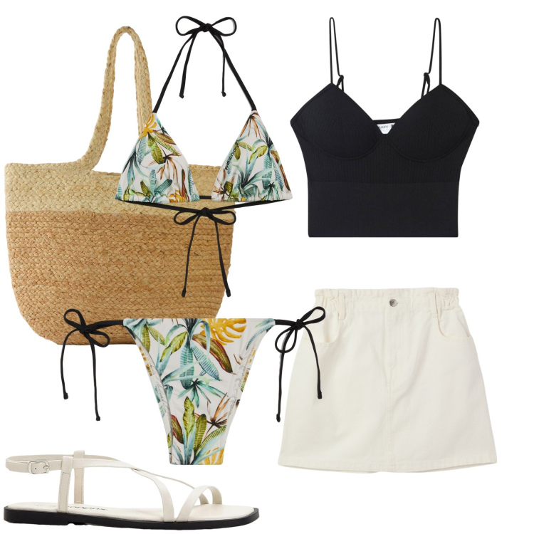 Outfit donna - Bikini floreale. Stile Bon Ton per Mare. Abbinamento con sandali, shopping bag, top, minigonne, bikini, bikini.