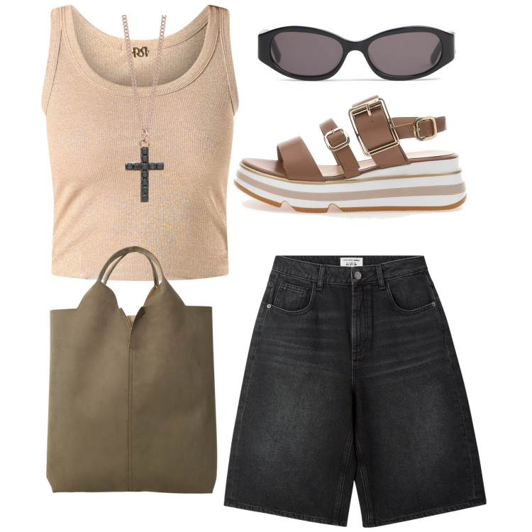 Outfit donna - Bermuda neri. Stile Casual per Tutti i giorni. Abbinamento con bermuda, collane, canottiere, shopping bag, sandali, occhiali da sole.