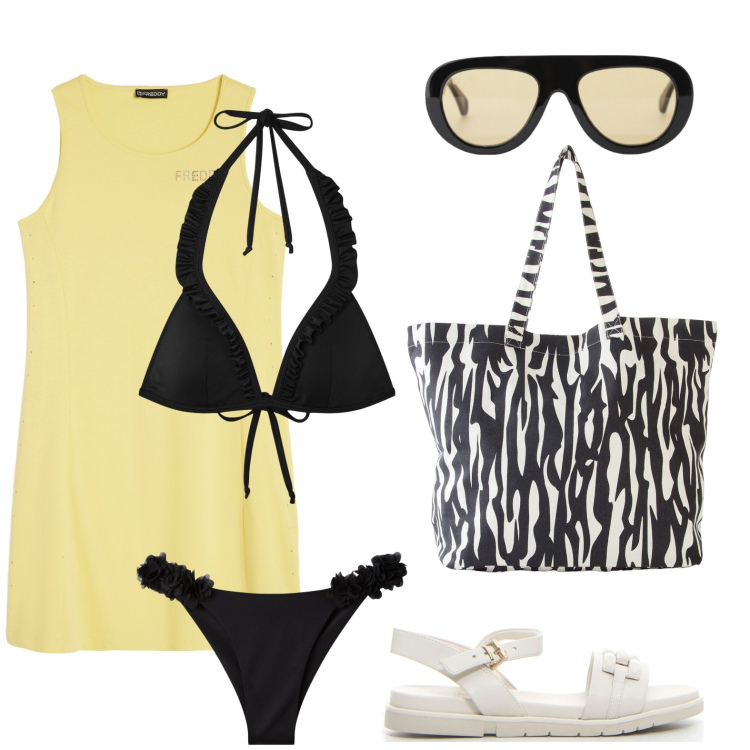 Outfit donna - Aperitivo sulla spiaggia. Stile Minimal per Mare. Abbinamento con shopping bag, bikini, bikini, occhiali da sole, vestiti senza maniche, sandali.