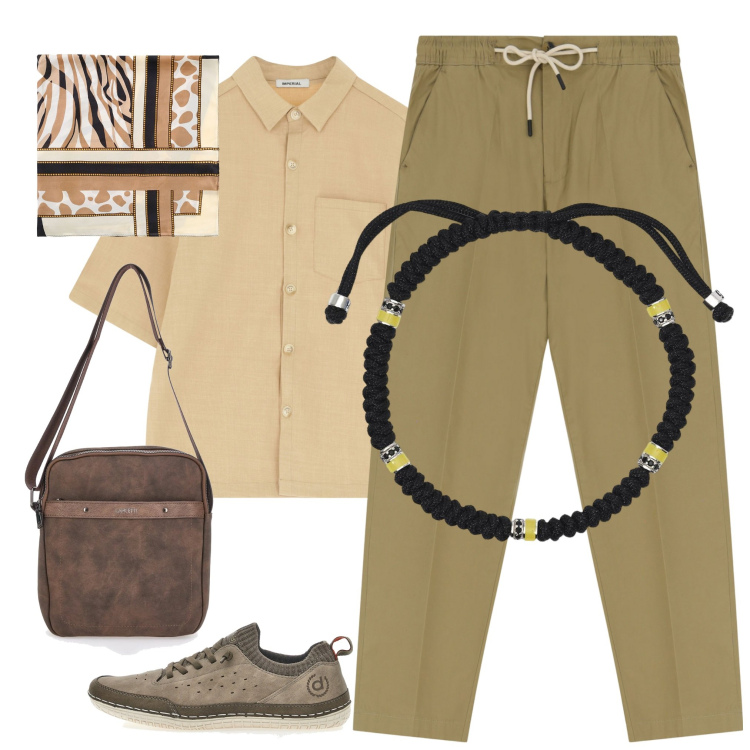 Outfit uomo - Total look #2179534. Abbinamento con braccialetti, camicie a manica corta, pantaloni chino, sciarpe e foulard, portafogli, sneakers.