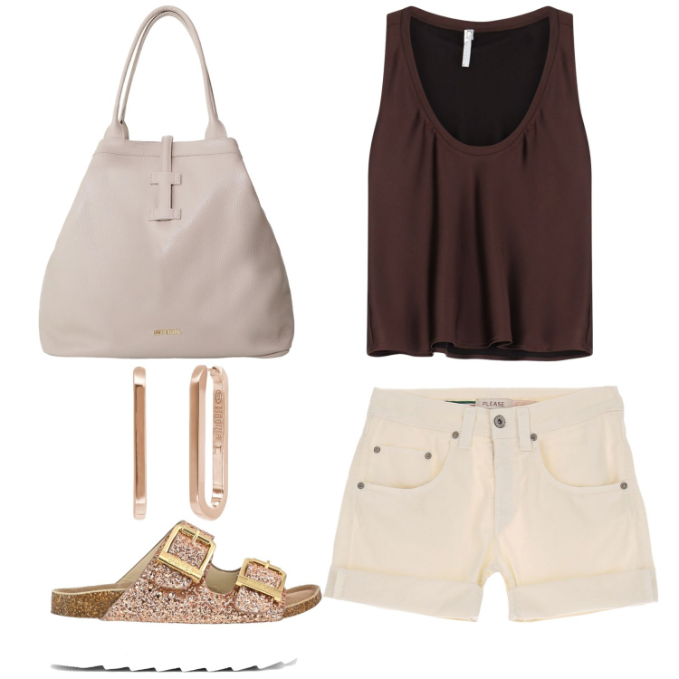 Outfit donna - Caldo. Stile Basic per Tutti i giorni. Abbinamento con orecchini, shorts, canottiere, borse tote, sandali.