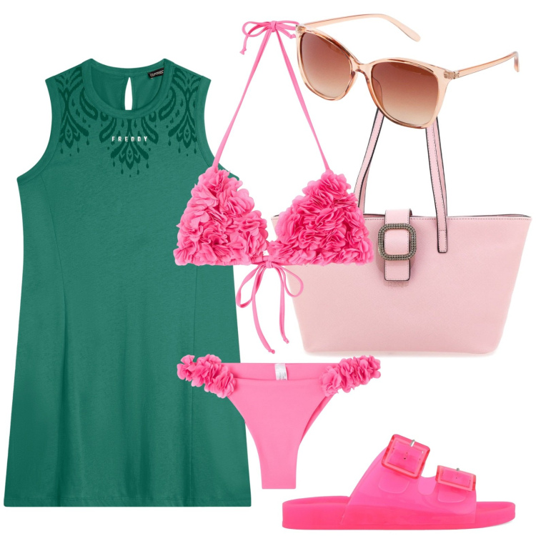 Outfit donna - Al mare in rosa. Stile Minimal per Mare. Abbinamento con occhiali da sole, bikini, bikini, vestiti midi/longuette, sandali, borse a spalla.