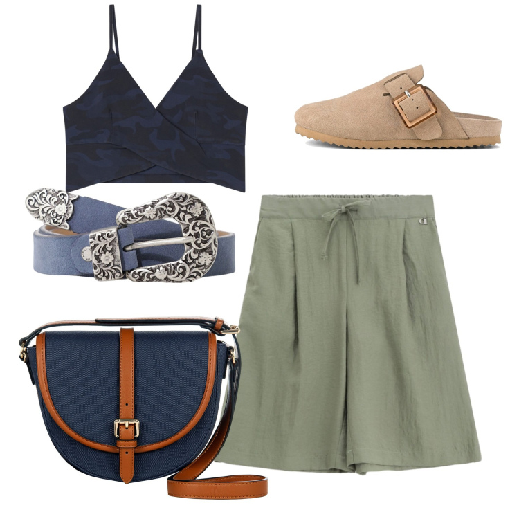 Outfit donna - Top. Stile Bon Ton per Tutti i giorni. Abbinamento con borse a tracolla, shorts, cinture, top, sabot.