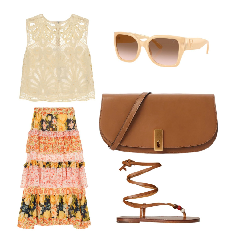 Outfit donna - Hippy. Stile Etnico per Tutti i giorni. Abbinamento con gonne lunghe, top, occhiali da sole, clutch, sandali gioiello.