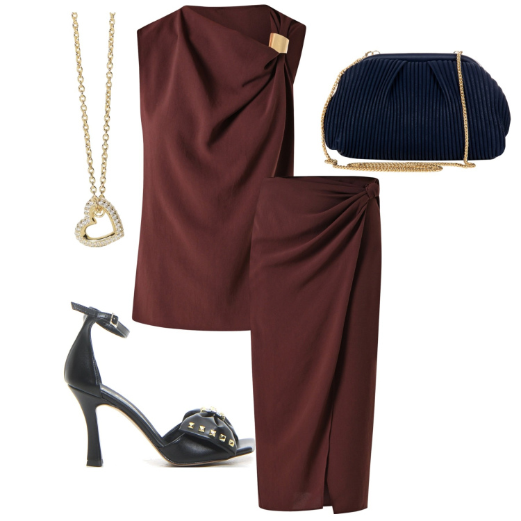Outfit donna - Longuette. Stile Chic per Ufficio. Abbinamento con pochette, gonne longuette, top, collane, sandali in pelle.