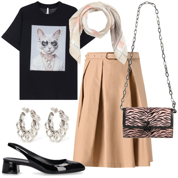 Outfit donna - Casual chic per l\' aperitivo. Stile Casual chic per Serata fuori. Abbinamento con sciarpe, borse a spalla, t-shirt, gonne longuette, décolleté, orecchini.