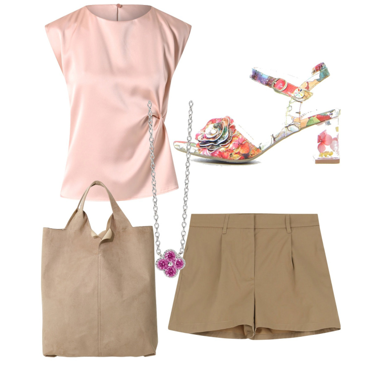 Outfit donna - Delicata. Stile Chic per Serata fuori. Abbinamento con collane, top, shorts, shopping bag, sandali col tacco.