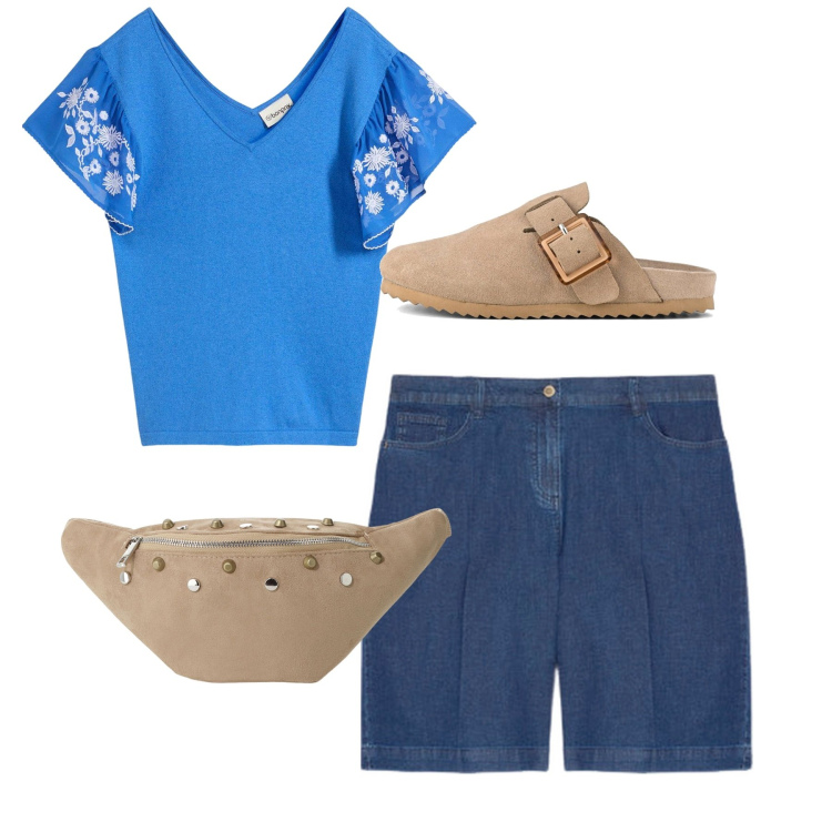 Outfit donna - Azzurro. Stile Bon Ton per Tutti i giorni. Abbinamento con top, marsupi, sabot, shorts.