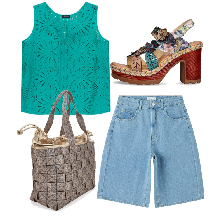 Outfit donna - Smeraldo. Stile Casual chic per Tutti i giorni. Abbinamento con bermuda, top, borse a spalla, sandali col tacco.