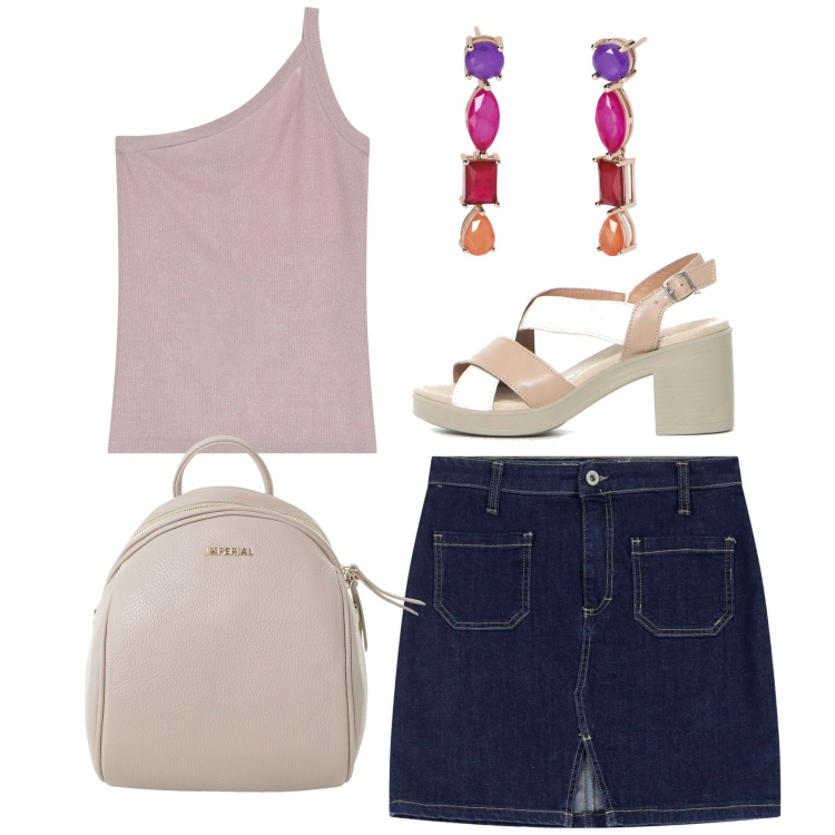 Outfit donna - Mini in denim. Stile Casual chic per Tutti i giorni. Abbinamento con orecchini, minigonne, top, zaini, sandali col tacco.