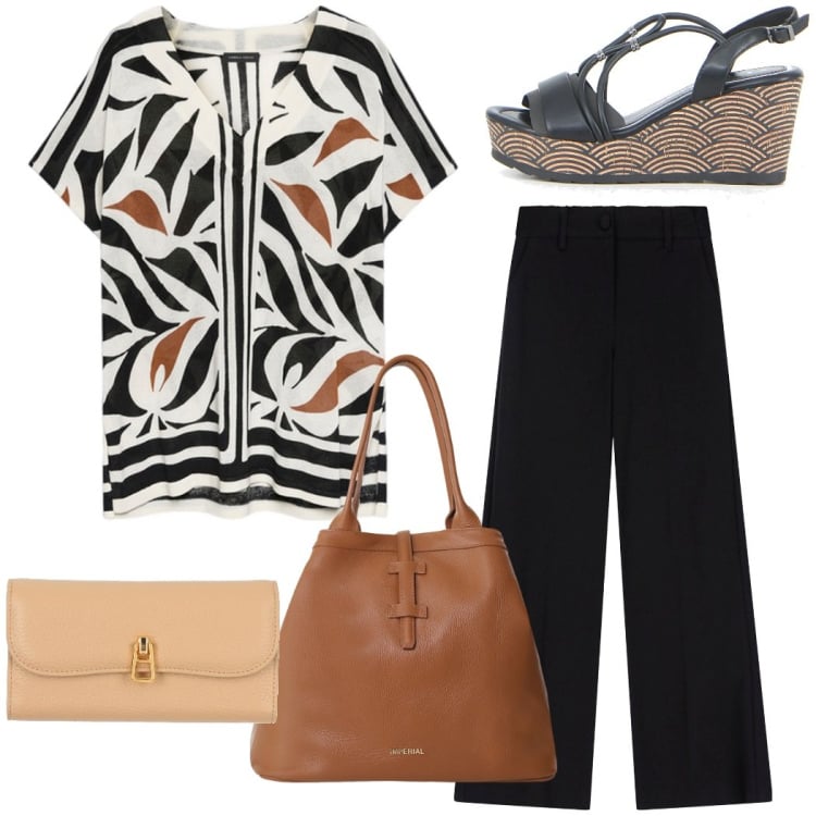 Outfit donna - A cena da amici. Stile Casual chic per Serata fuori. Abbinamento con portafogli, borse tote, pantaloni, bluse, sandali in pelle.