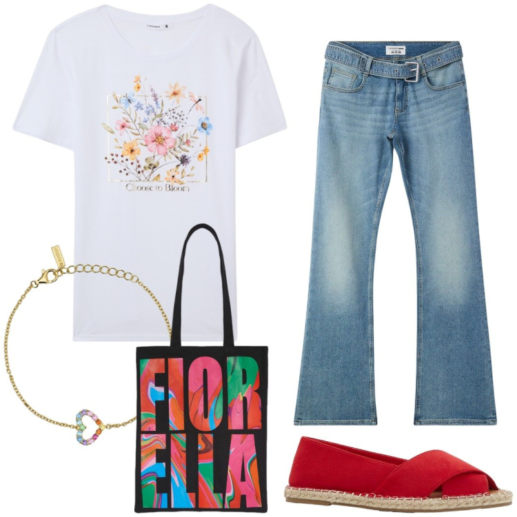 Outfit donna - Shopping in jeans. Stile Casual per Tutti i giorni. Abbinamento con espadrillas, t-shirt, jeans a zampa, braccialetti, borse tote.
