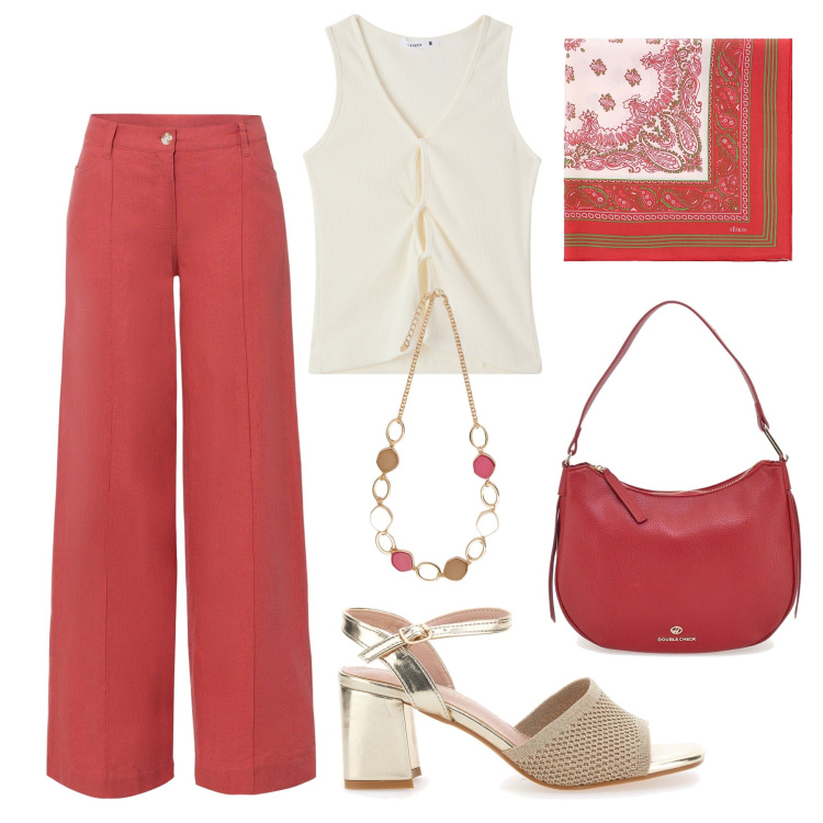 Outfit donna - Look per tutto il giorno. Stile Glamour per Tutti i giorni. Abbinamento con pantaloni a palazzo, top, foulard, collane, sandali col tacco, borse a tracolla.