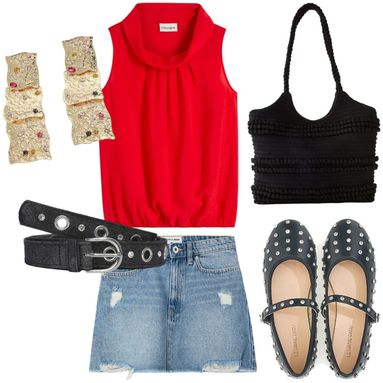 Outfit donna - Festa di compleanno. Stile Rock per Serata fuori. Abbinamento con top, shopping bag, minigonne, cinture, orecchini, ballerine.