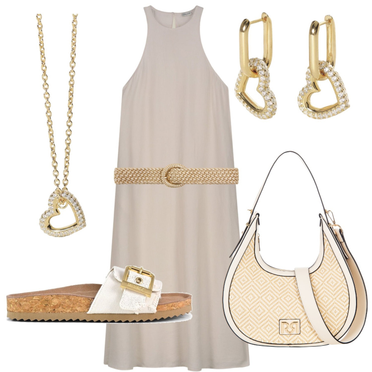 Outfit donna - Abito lungo chiaro bianco e oro. Stile Casual per Tutti i giorni. Abbinamento con cinture, orecchini, collane, borse a mano, sandali, vestiti lunghi.