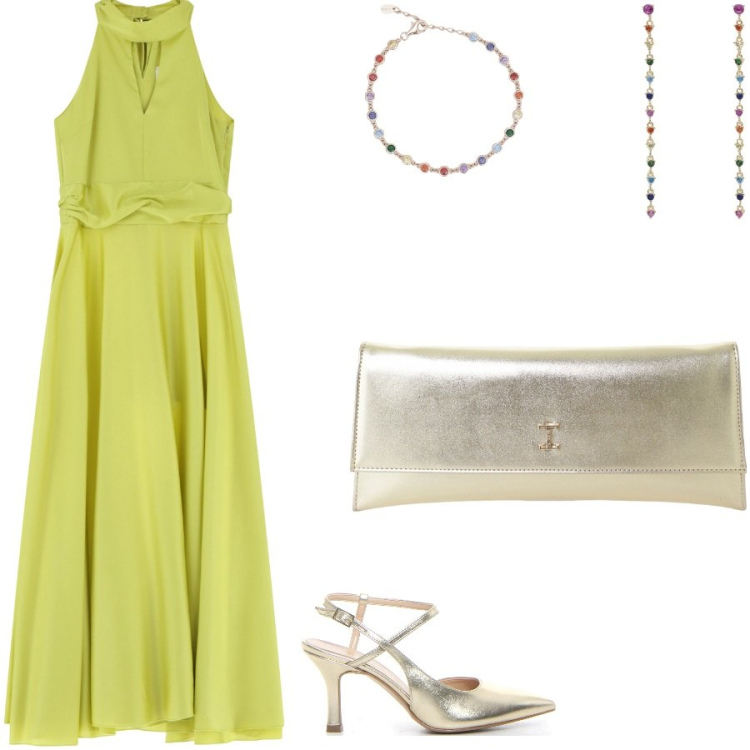 Outfit donna - L\'abito verde lime. Stile Glamour per Serata fuori. Abbinamento con orecchini, braccialetti, pochette, vestiti lunghi, sandali col tacco.