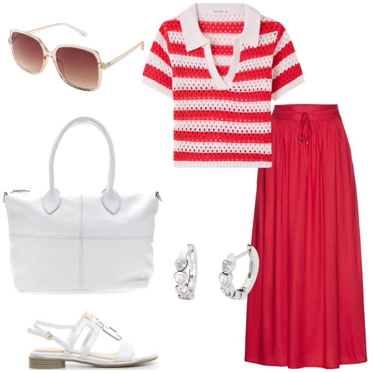 Outfit donna - Passeggiata. Stile Casual per Tutti i giorni. Abbinamento con gonne lunghe, occhiali da sole, t-shirt, orecchini, sandali, borse a mano.