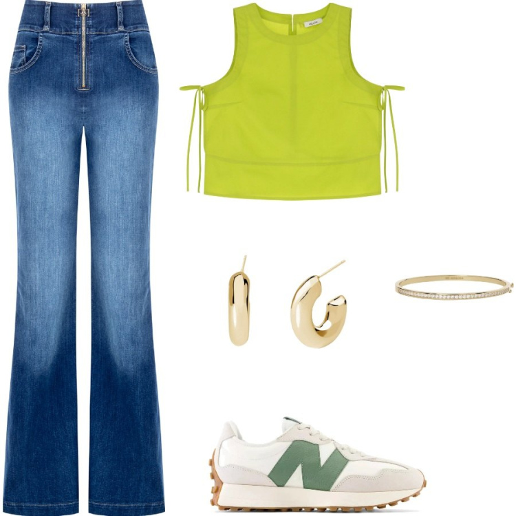 Outfit donna - Tonalità lime. Stile Casual per Tutti i giorni. Abbinamento con braccialetti, orecchini, sneakers, jeans, top.