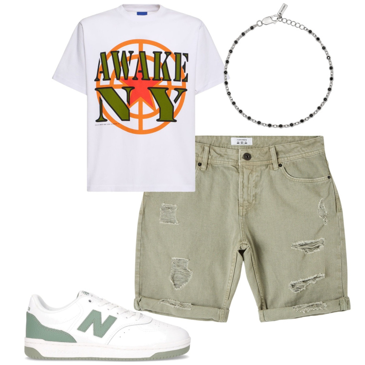 Outfit uomo - Giugno. Stile Casual per Tutti i giorni. Abbinamento con bermuda, braccialetti, t-shirt, sneakers.