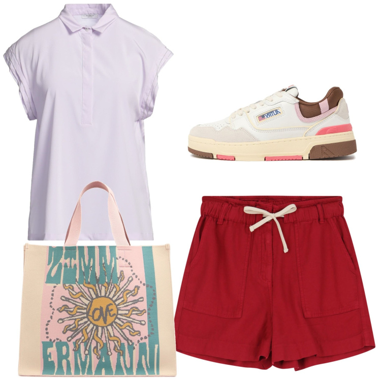Outfit donna - Mercoledì. Stile Basic per Tutti i giorni. Abbinamento con top, shorts, shopping bag, sneakers.