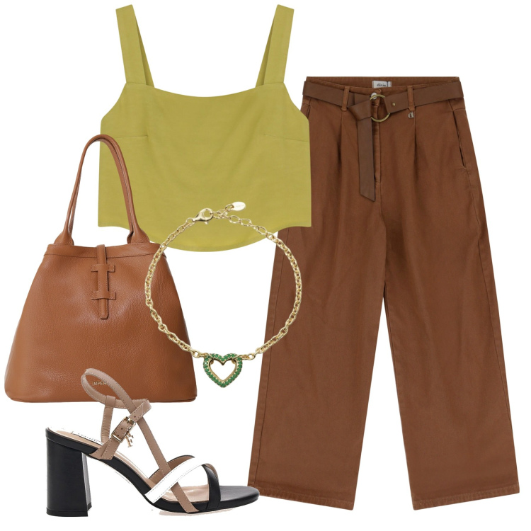 Outfit donna - City. Stile Urban per Tutti i giorni. Abbinamento con braccialetti, borse tote, top, pantaloni, sandali col tacco.