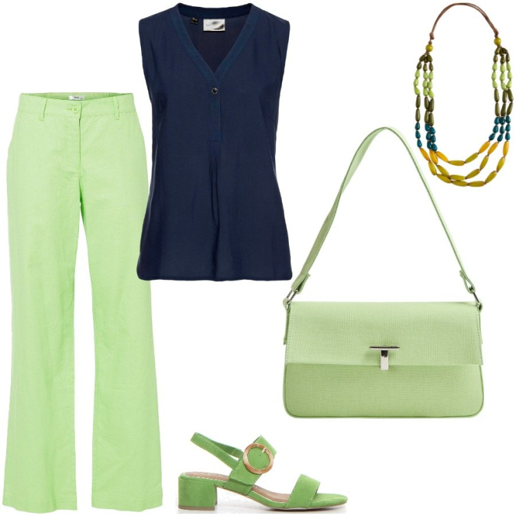 Outfit donna - Dettagli lime. Stile Casual chic per Tutti i giorni. Abbinamento con pantaloni, top, borse a spalla, collane, sandali col tacco.