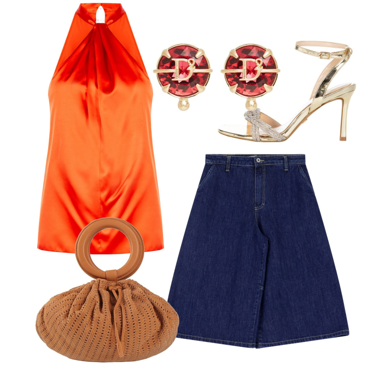 Outfit donna - Sabato. Stile Chic per Serata fuori. Abbinamento con borse a secchiello, orecchini, sandali col tacco, top, bermuda.