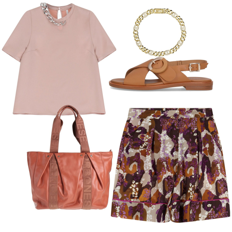 Outfit donna - Domenica. Stile Bon Ton per Tutti i giorni. Abbinamento con borse a mano, braccialetti, t-shirt, bermuda, sandali.