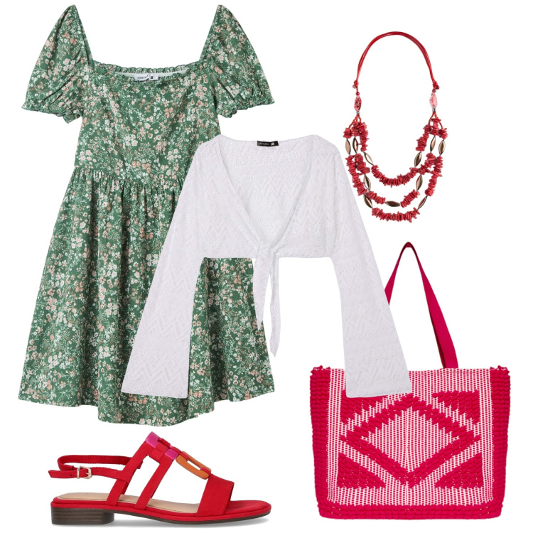 Outfit donna - Abitino verde a fiori e rosso. Stile Romantica per Tutti i giorni. Abbinamento con vestiti corti, bolero, borse a mano, sandali, collane.
