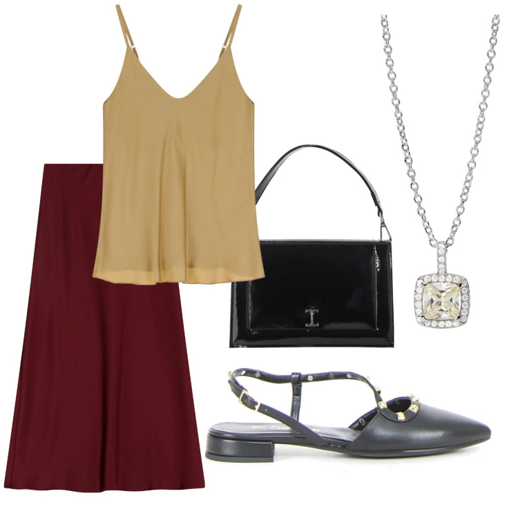 Outfit donna - Gonna lunga e sandali. Stile Chic per Serata fuori. Abbinamento con collane, borse a tracolla, gonne lunghe, top, sandali in pelle.