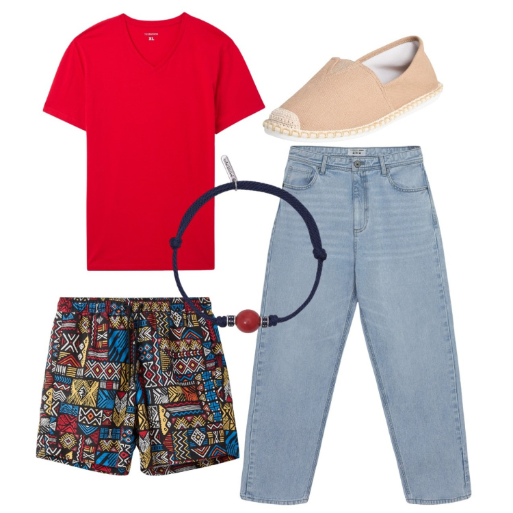 Outfit uomo - Rosso. Stile Casual per Tutti i giorni. Abbinamento con espadrillas, costumi, t-shirt, jeans, braccialetti.