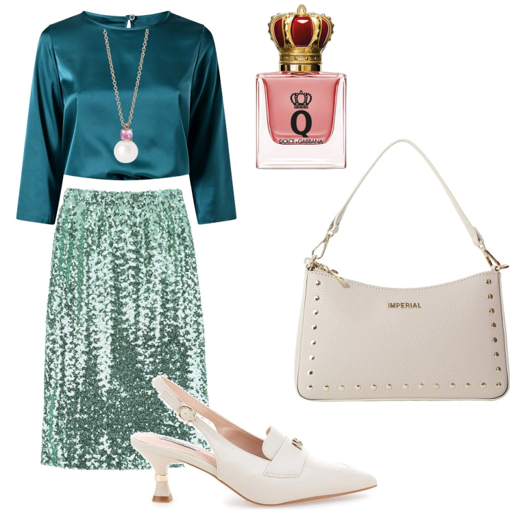 Outfit donna - Glitter in verde. Stile Casual chic per Serata fuori. Abbinamento con profumi, collane, gonne longuette, bluse, borse a spalla, décolleté.