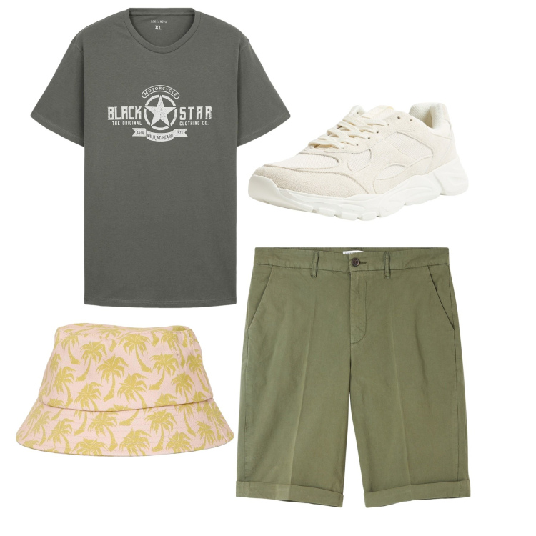 Outfit uomo - Weekend. Stile Casual per Tutti i giorni. Abbinamento con bermuda, t-shirt, cappelli con visiera, sneakers.