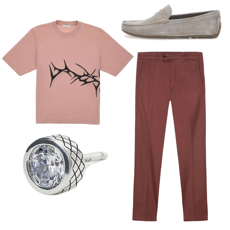Outfit uomo - Color fard. Stile Trendy per Tutti i giorni. Abbinamento con orecchini, pantaloni chino, scarpe stringate, t-shirt.