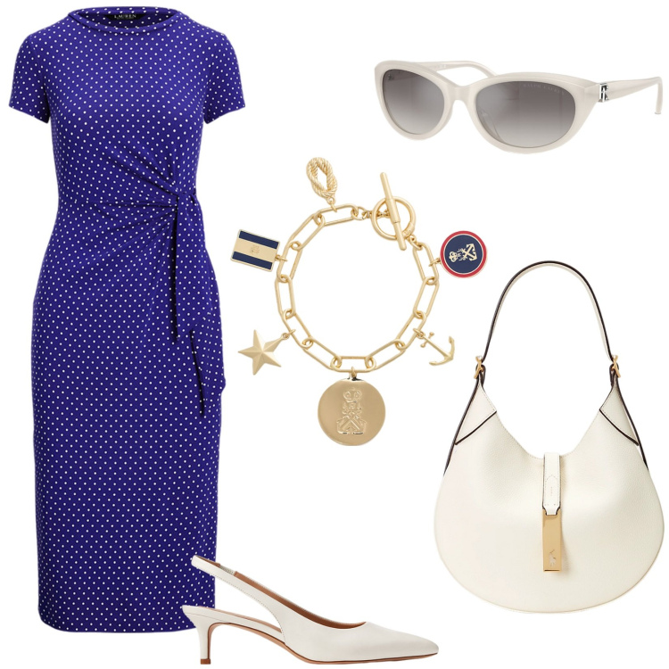 Outfit donna - Giugno a pois. Stile Bon Ton per Serata fuori. Abbinamento con occhiali da sole, borse a spalla, vestiti a tubino, décolleté, braccialetti con ciondoli.