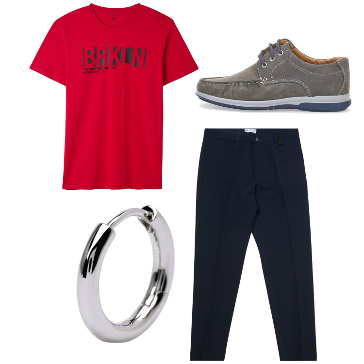 Outfit uomo - Il cerchietto. Stile Casual per Tutti i giorni. Abbinamento con pantaloni chino, t-shirt, orecchini, scarpe stringate.