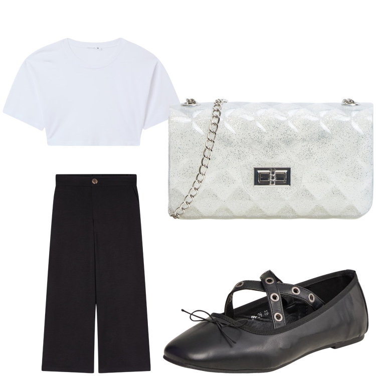 Outfit donna - Aperitivo. Stile Trendy per Tutti i giorni. Abbinamento con t-shirt, ballerine, borse a tracolla, pantaloni a palazzo.