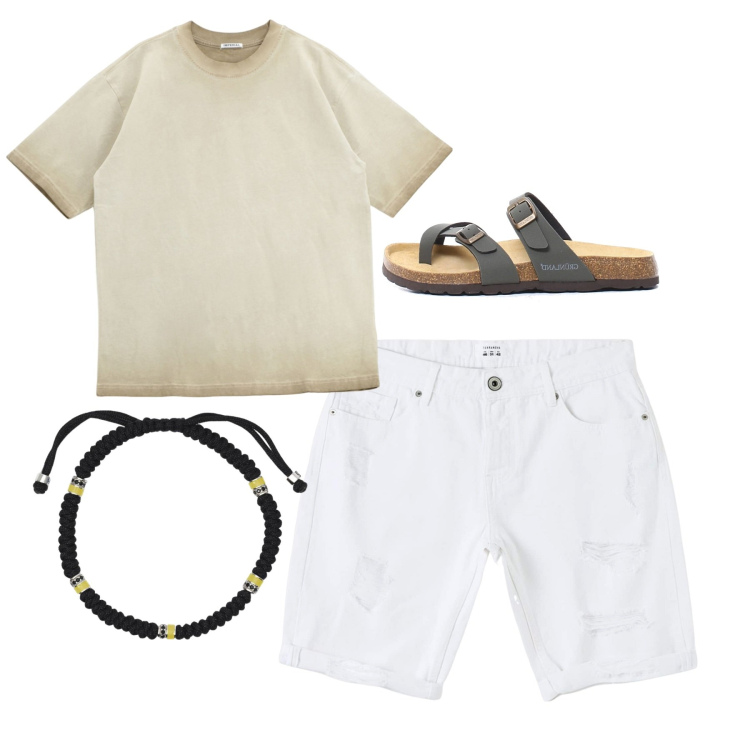 Outfit uomo - In chiaro. Stile Casual per Tutti i giorni. Abbinamento con bermuda, braccialetti, t-shirt, sandali.
