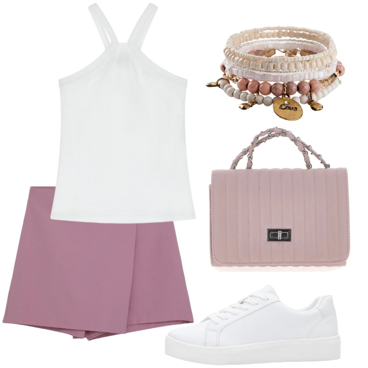 Outfit donna - Total look #2179633. Stile Casual chic per Scuola/Università. Abbinamento con braccialetti, sneakers, minigonne, top, borse a tracolla.