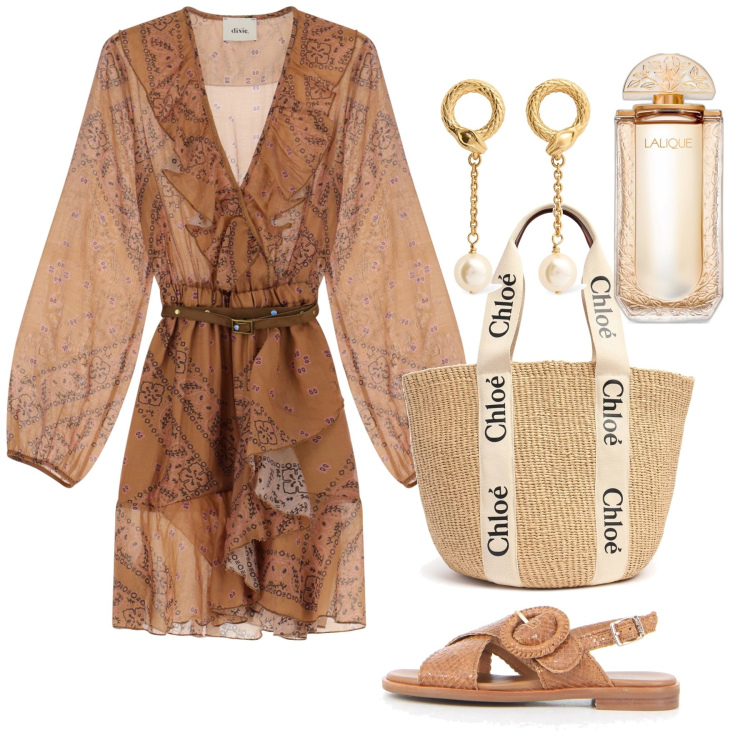 Outfit donna - Giugno boho. Stile Boho per Tutti i giorni. Abbinamento con profumi, vestiti corti, sandali, shopping bag, orecchini.