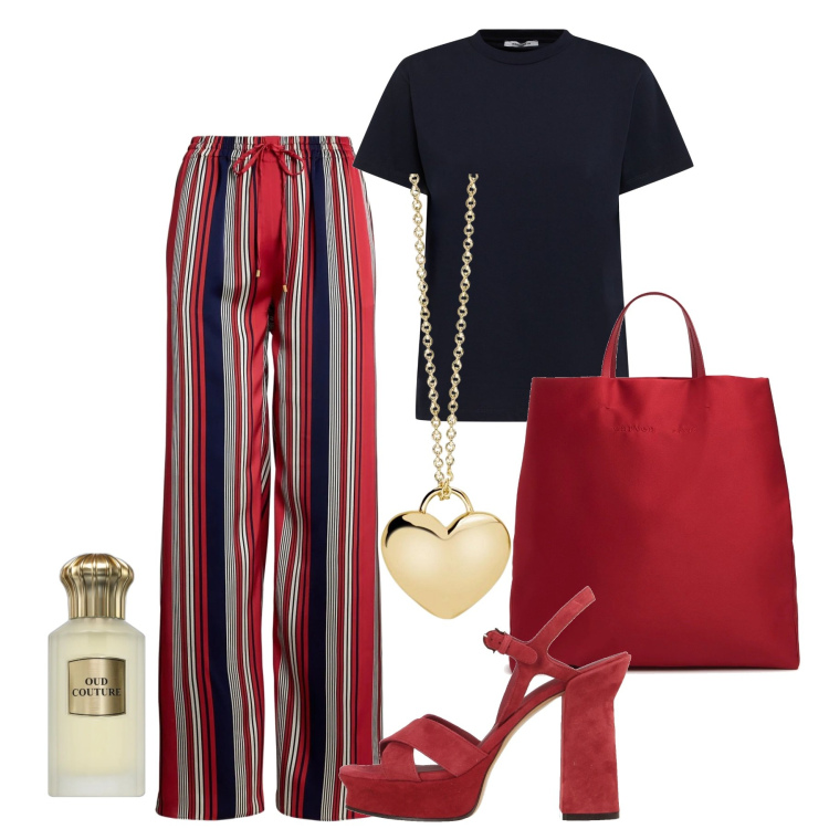 Outfit donna - Giugno. Stile Bon Ton per Ufficio. Abbinamento con pantaloni, sandali in pelle, profumi, collane, shopping bag, t-shirt.