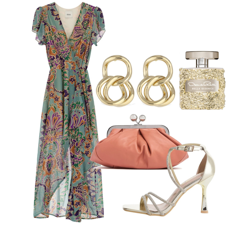 Outfit donna - Giugno. Stile Chic per Cerimonia. Abbinamento con profumi, sandali col tacco, vestiti, pochette, orecchini.