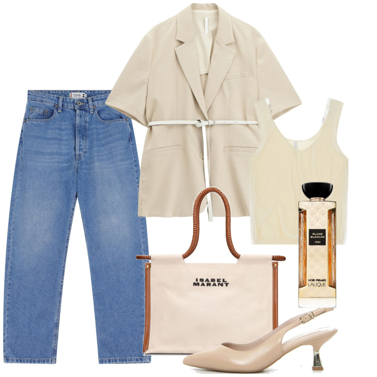 Outfit donna - Ufficio in jeans. Stile Casual chic per Ufficio. Abbinamento con profumi, jeans, blazer, top, décolleté, shopping bag.